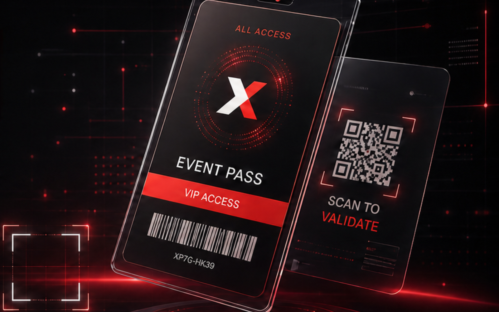 Mobile scanner app showing QR capture frame and validation screen